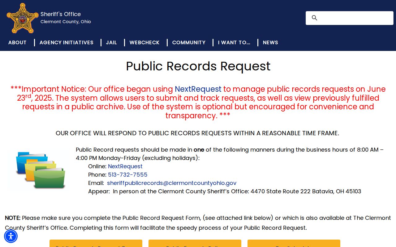 Batavia Township neighbors Sheriff public records request screen